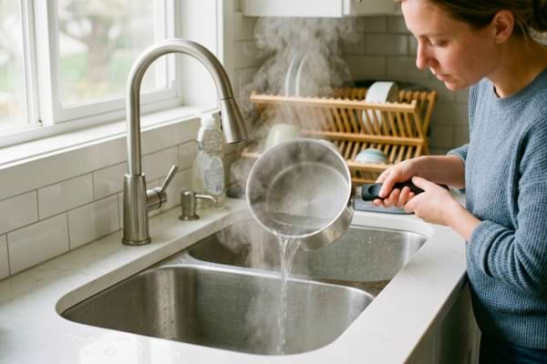 'une personne qui verse l'eau bouillante d'une casserole dans un évier de cuisine
