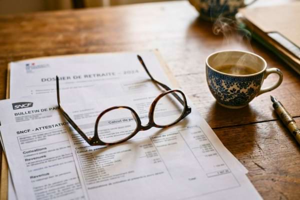 des lunettes de vue posées sur des documents administratifs floutés