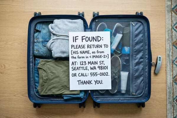 an open suitcase filled with neatly folded clothes. Resting clearly on top of the clothes is a large white piece of paper