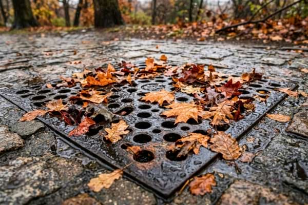 une grille d'évacuation extérieure en fonte, partiellement recouverte de feuilles mortes d'automne
