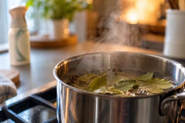 Casserole de laurier fumante dans une cuisine, comme alternative naturelle aux d&eacute;sodorisants.