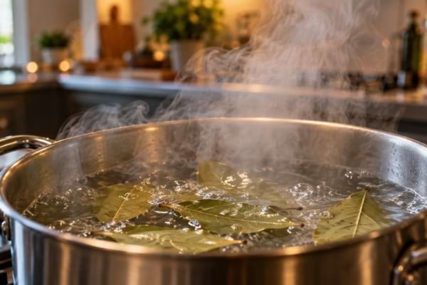 Feuilles de laurier qui fr&eacute;missent dans une casserole avec de la vapeur dans la cuisine.