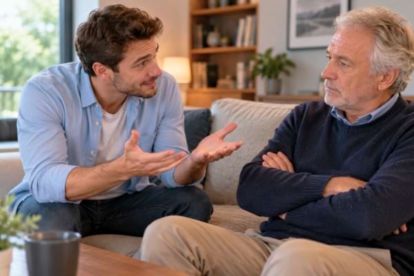 Un jeune homme adulte affichant un faux sourire compatissant, essayant de convaincre son p&egrave;re