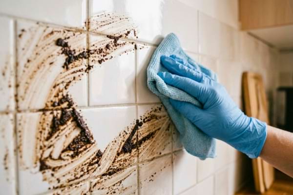 Une main passe un chiffon microfibre bleu clair sur un carrelage mural blanc pour essuyer les derniers résidus