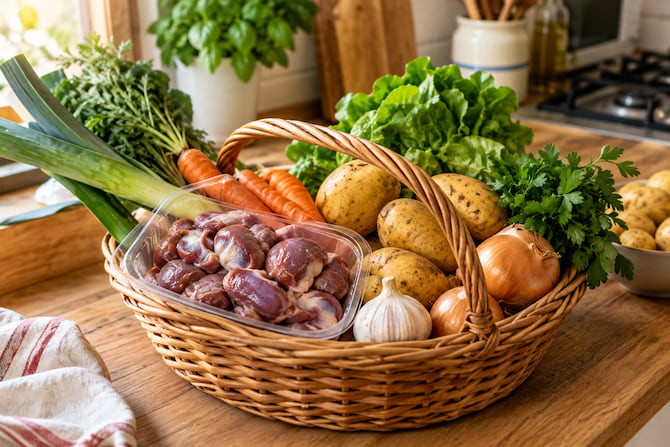 panier de provisions avec des légumes et une barquette de gésiers crus