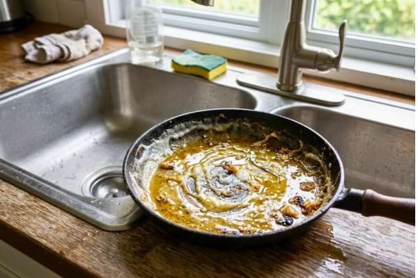 une poêle sale avec de la graisse figée blanche et de l'huile