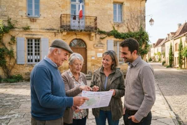 un petit groupe de voisins discutant de mani&egrave;re conviviale devant une mairie de village fran&ccedil;ais