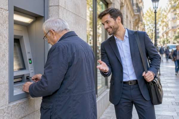 Un homme d'un certain âge retire de l'argent tandis qu'un jeune homme bien habillé s'approche de lui