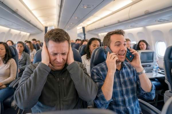 A frustrated passenger is covering their ears with their hands,