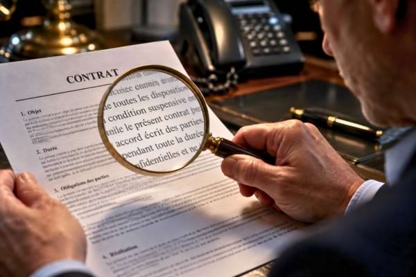 une personne tenant une loupe au-dessus d'un contrat aux lignes minuscules