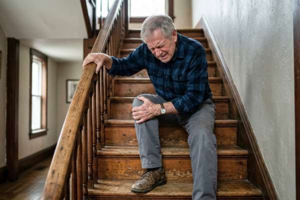 an older person holding their knee in pain while trying to walk up wooden stairs