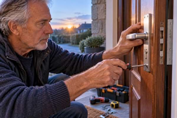  mains d'un homme plus &acirc;g&eacute; en train d'installer une nouvelle serrure en m&eacute;tal brillant