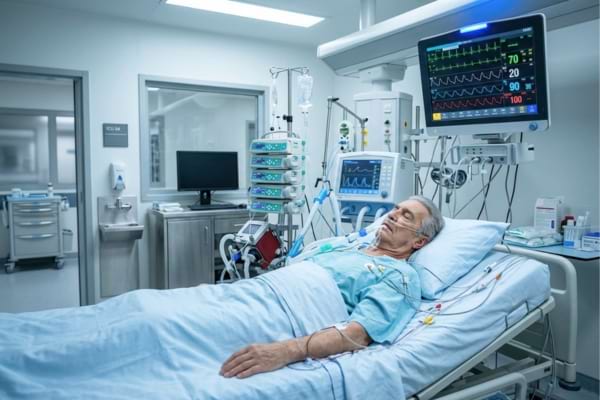 A realistic hospital intensive care unit, a patient lying in a coma connected to medical monitors