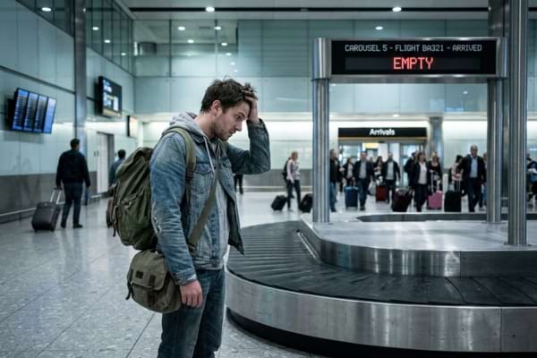 a stressed traveler standing in a modern airport, looking anxiously at an empty luggage carousel.