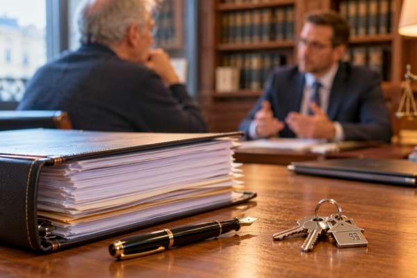 Un dossier juridique &eacute;pais pos&eacute; sur un bureau en ch&ecirc;ne massif avec un stylo plume