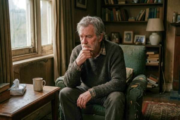 an older man sitting alone in a dimly lit room, looking deeply sad and lost in thought