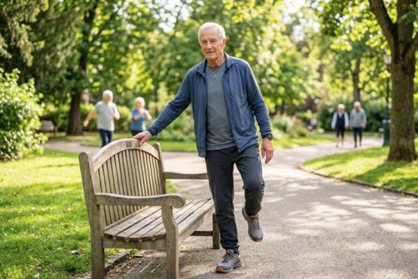 Un homme de 70 ans en tenue de sport décontractée fait des exercices d'équilibre doux