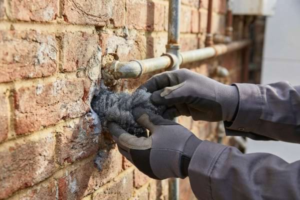 Homme qui place de la laine de fer dans un trou de mur
