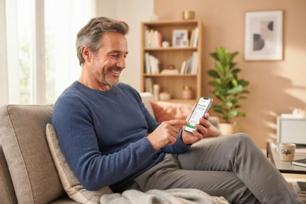 un homme d'une cinquantaine d'années, détendu et souriant, validant une étape sur son smartphone
