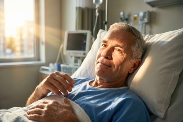 An older man waking up in a hospital bed, opening his eyes, a warm ray of morning sunlight hitting his face