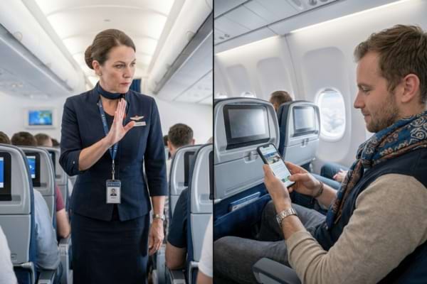 On the left, a strict American flight attendant in uniform gesturing to put a phone away. On the right, a relaxed European passenger