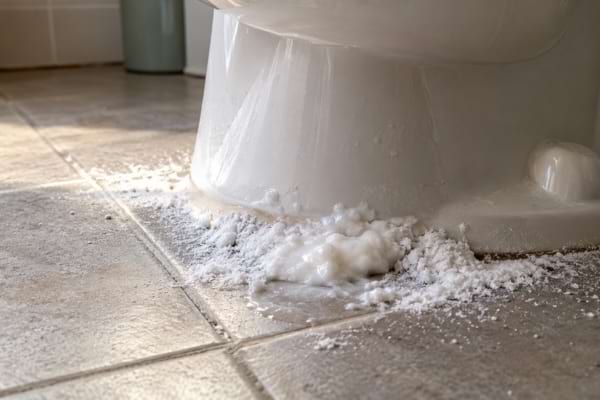 Bicarbonate humide et agglom&eacute;r&eacute; au pied des toilettes, signe possible d&rsquo;humidit&eacute;.