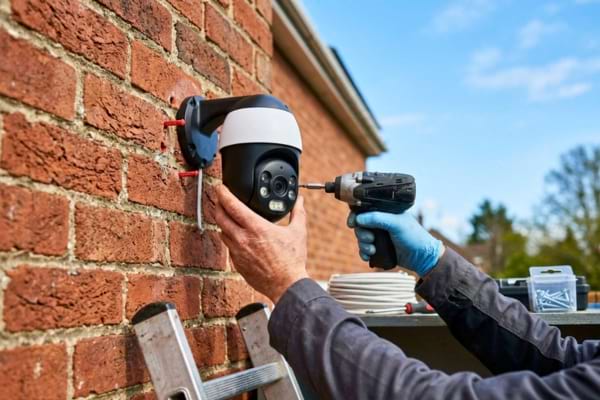 une personne en train d'installer une caméra de sécurité moderne sur le mur extérieur
