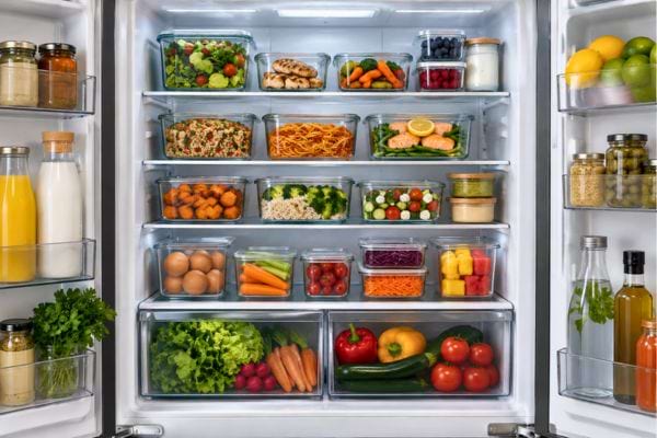 un réfrigérateur bien rangé avec des boîtes de conservation en verre contenant des repas préparés