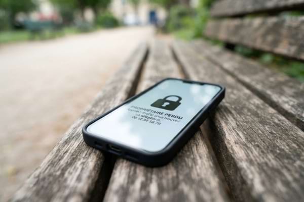 &eacute;cran d'un smartphone pos&eacute; sur un banc public. L'&eacute;cran affiche une ic&ocirc;ne de cadenas ferm&eacute; et un message