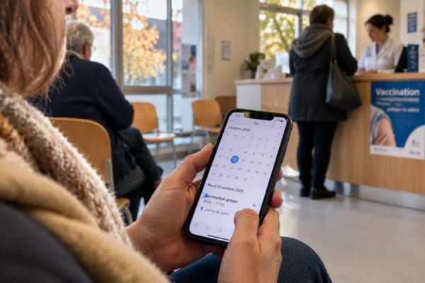 Rendez-vous vaccination grippe fixé au 13 octobre 2026 sur un smartphone dans un centre de santé.