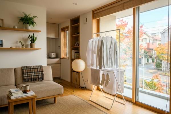 Un étendoir à linge en métal blanc est placé près d'une grande baie vitrée