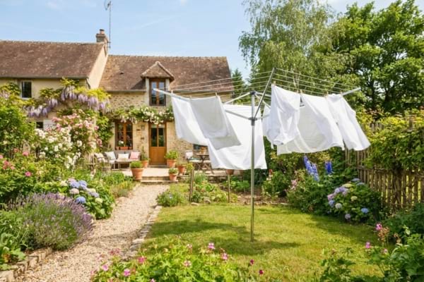 Un &eacute;tendoir parapluie moderne avec du linge blanc propre qui s&egrave;che doucement au vent