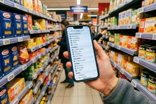 un écran de smartphone affichant une liste de courses bien organisée