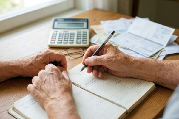 mains ridées d'une personne âgée tenant un stylo au-dessus d'un carnet de comptes