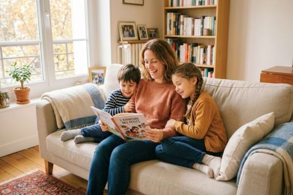 une m&egrave;re c&eacute;libataire souriante assise sur un canap&eacute; confortable. Elle lit un livre avec ses deux jeunes enfants