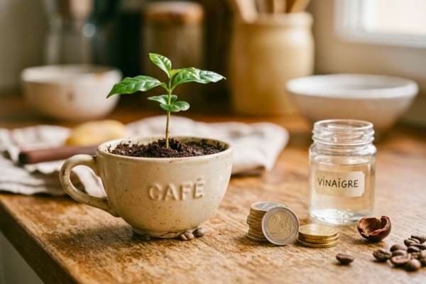 quelques pièces de monnaie en euros et une bouteille en verre de vinaigre