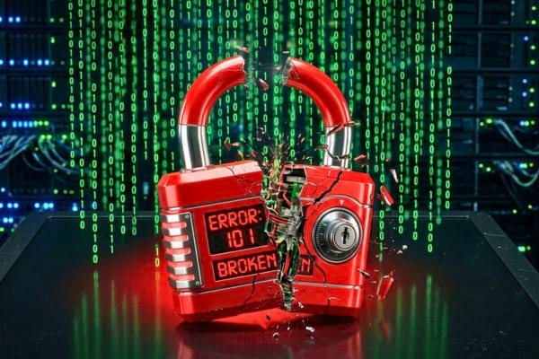 Un cadenas numérique rouge vif qui se fissure en deux sur un écran noir.