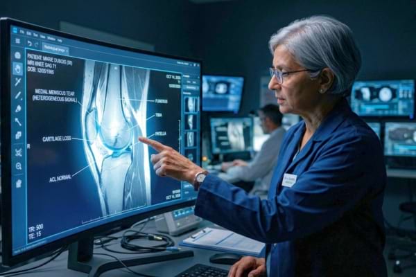 a doctor pointing at a glowing MRI scan of a human knee on a digital screen