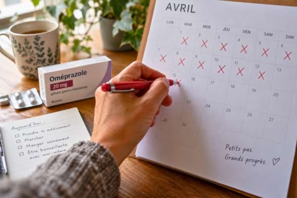 un calendrier mural où une personne barre des jours avec un stylo rouge. En arrière-plan flou, on devine une boîte de médicaments