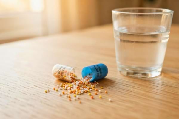 une gélule de médicament ouverte laissant échapper des micro-granules sur une table en bois clair