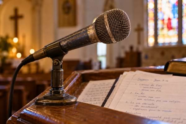 n vieux microphone posé sur un pupitre en bois dans une église