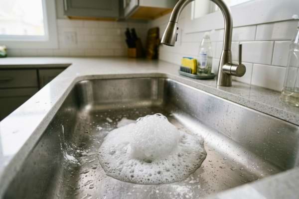 Une grosse mousse blanche pleine de bulles sort du trou de l'évier