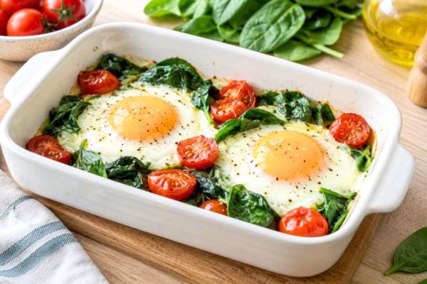 deux oeufs au plat avec épinard et tomate dans un plat blanc