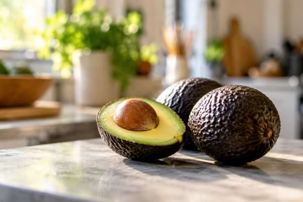 Avocats mûrs et coupés sur un plan de travail lumineux dans une cuisine.