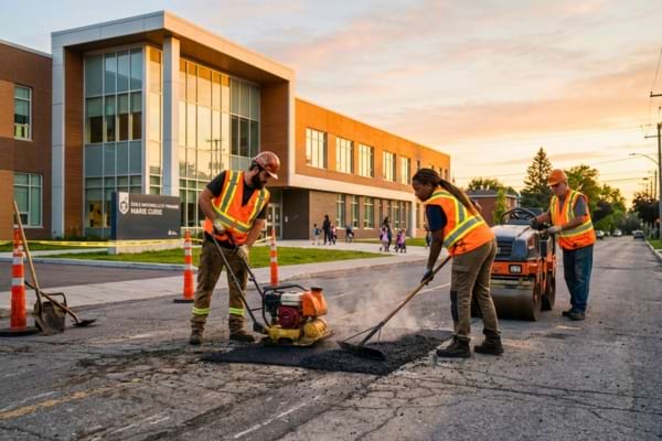 Des ouvriers en gilet jaune de sécurité réparant une route goudronnée au lever du soleil,