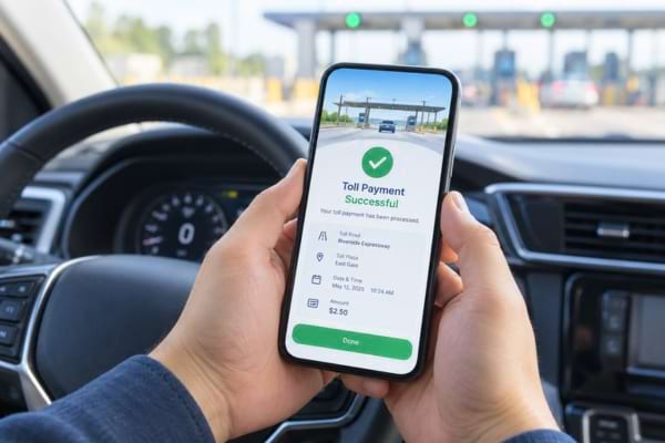 A person's hands holding a smartphone inside a car, showing a modern digital payment confirmation screen
