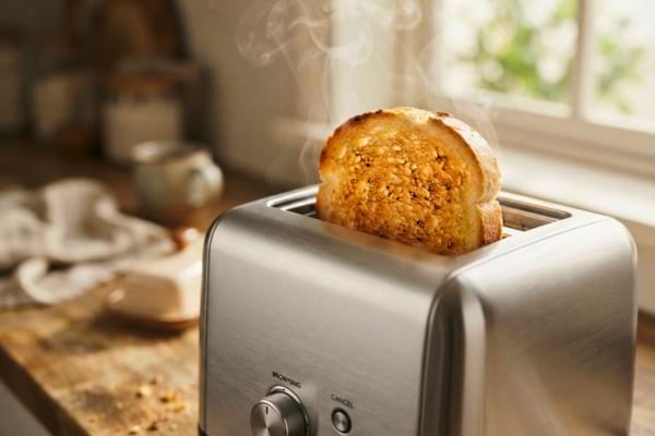 a perfectly golden toasted slice of bread popping out of a modern silver toaster