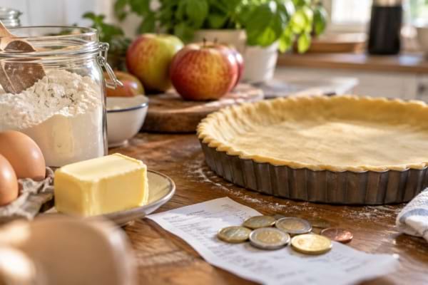 Pâte à tarte maison dans un moule avec farine, ingrédients, ticket de caisse et pièces de monnaie.