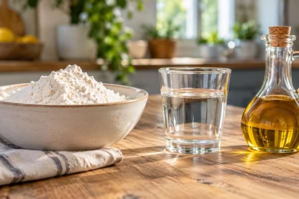Farine, eau et huile végétale : les 3 ingrédients pour une pâte à tarte maison sans beurre.