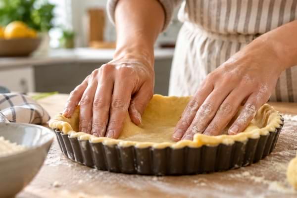 Mains qui étalent une pâte à tarte maison sans beurre directement dans un moule.